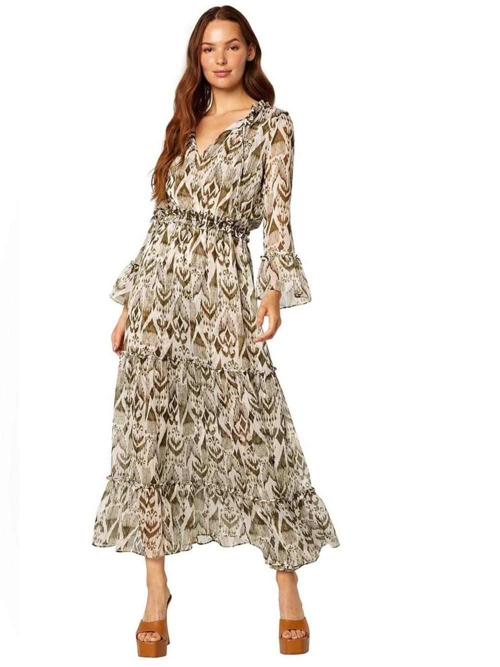MISA Lucinda Dress Small Olive Green Maxi Dress Long Sleeve Wedding Guest Boho